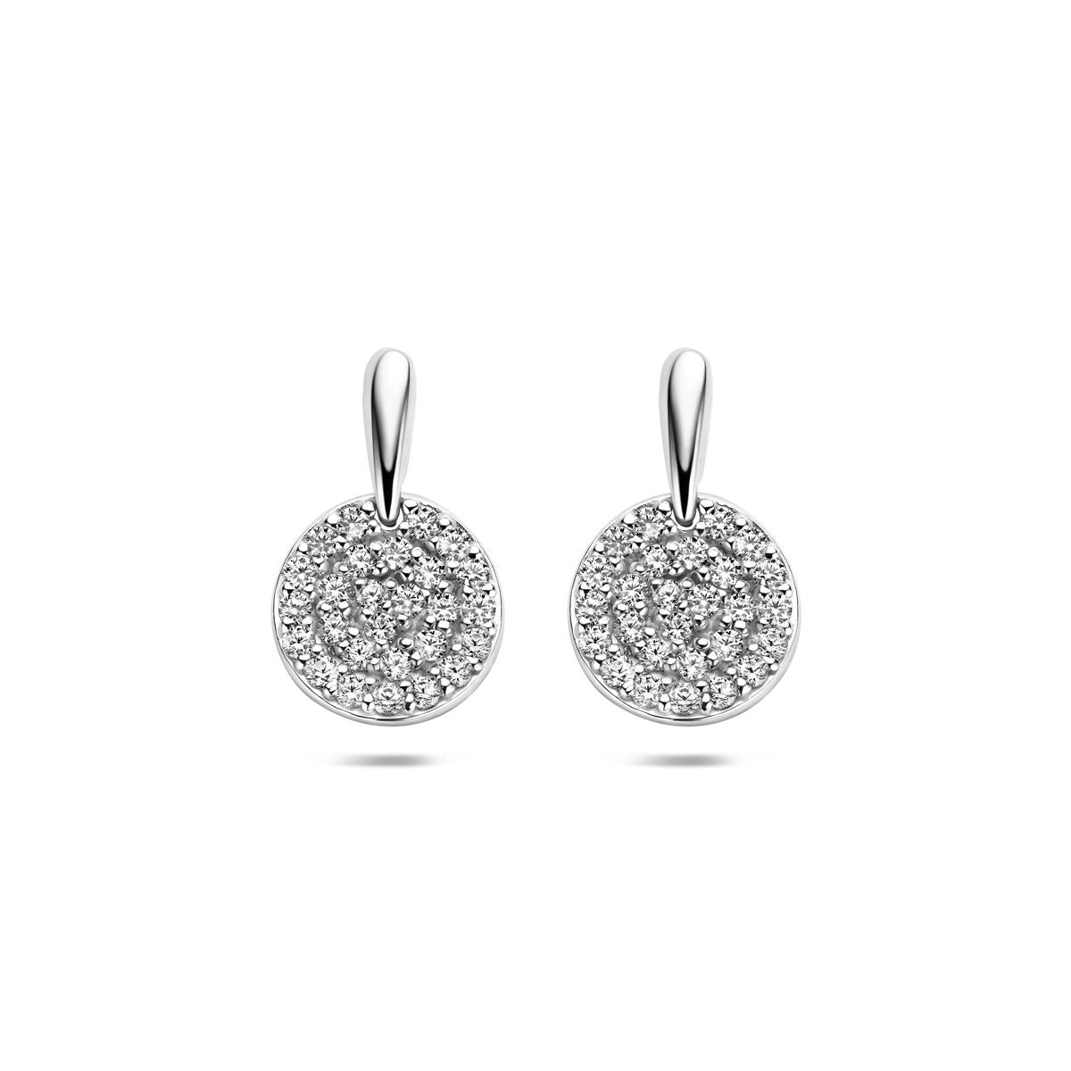 Boucles d'oreilles en argent rhodié avec pavé de zirconium, forme ronde et finition brillante.