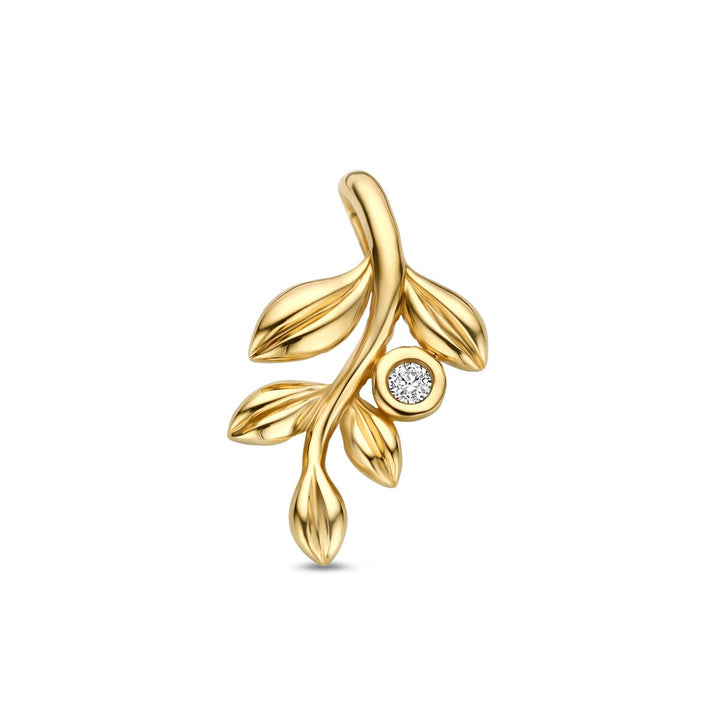 Pendentif en or jaune 14k en forme de branche avec des feuilles et un diamant lab grown.