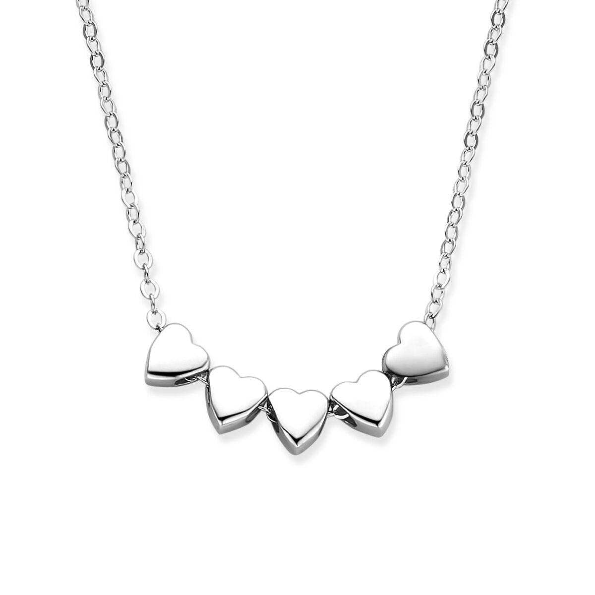 Gerhodineerd 925 zilveren collier met vijf glanzende hartjes in een rechte lijn.
