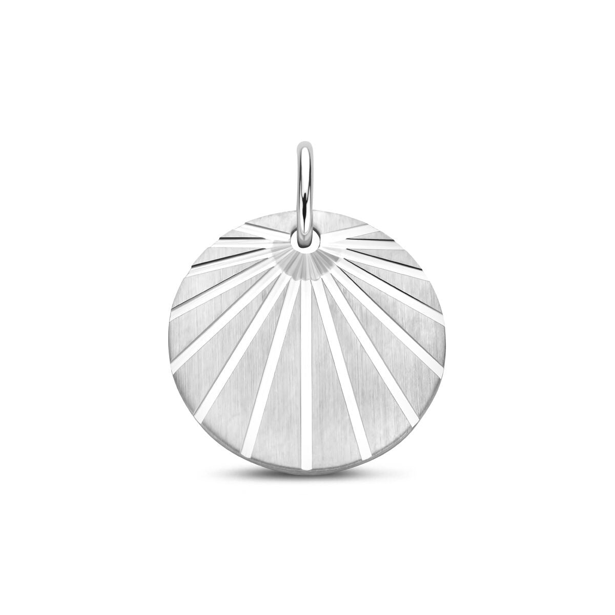 Pendentif en argent 925 rhodié de forme ronde avec un motif rayonnant.