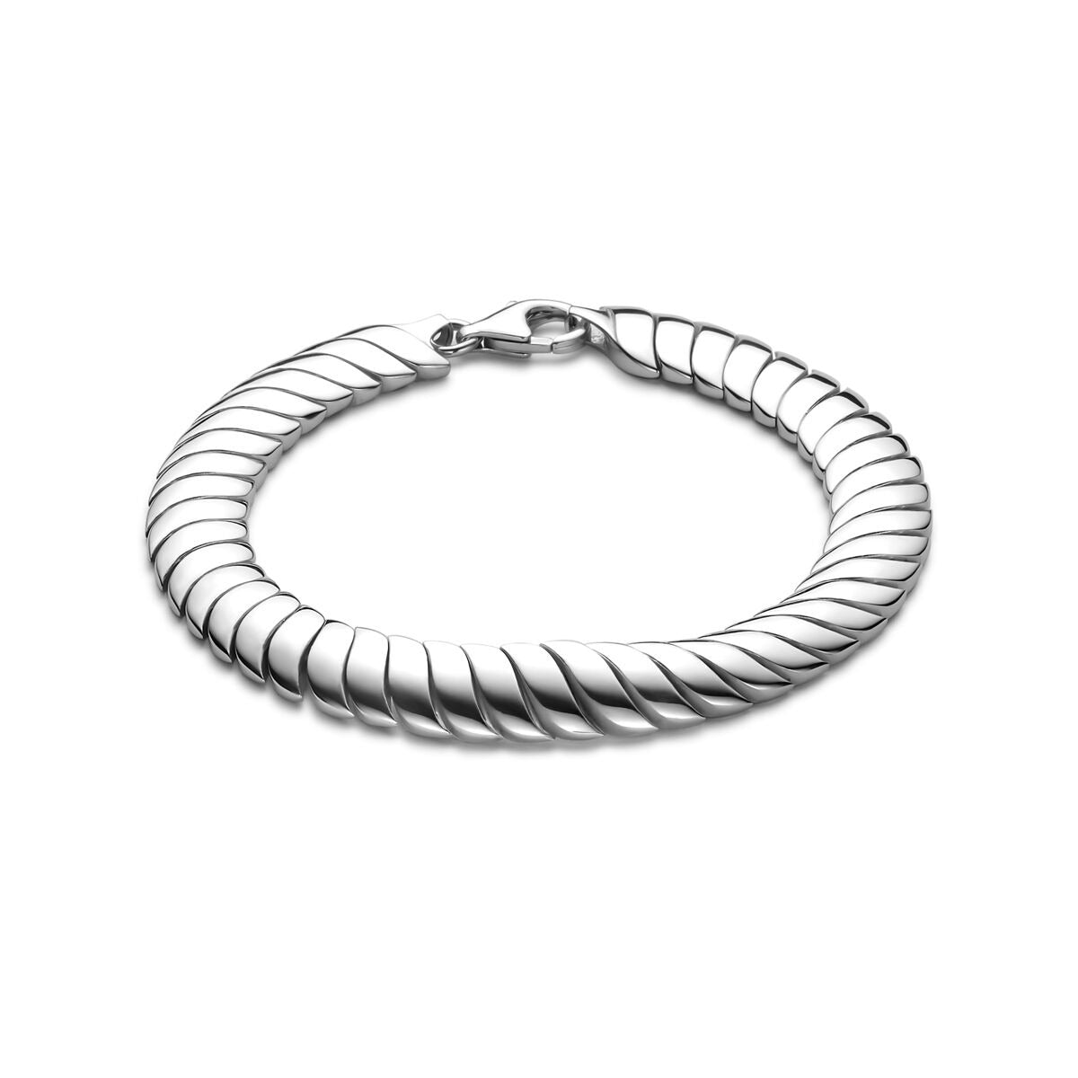 Zilveren gerhodineerde dames armband met omega schakel, 9 mm breed en 19 cm lang.