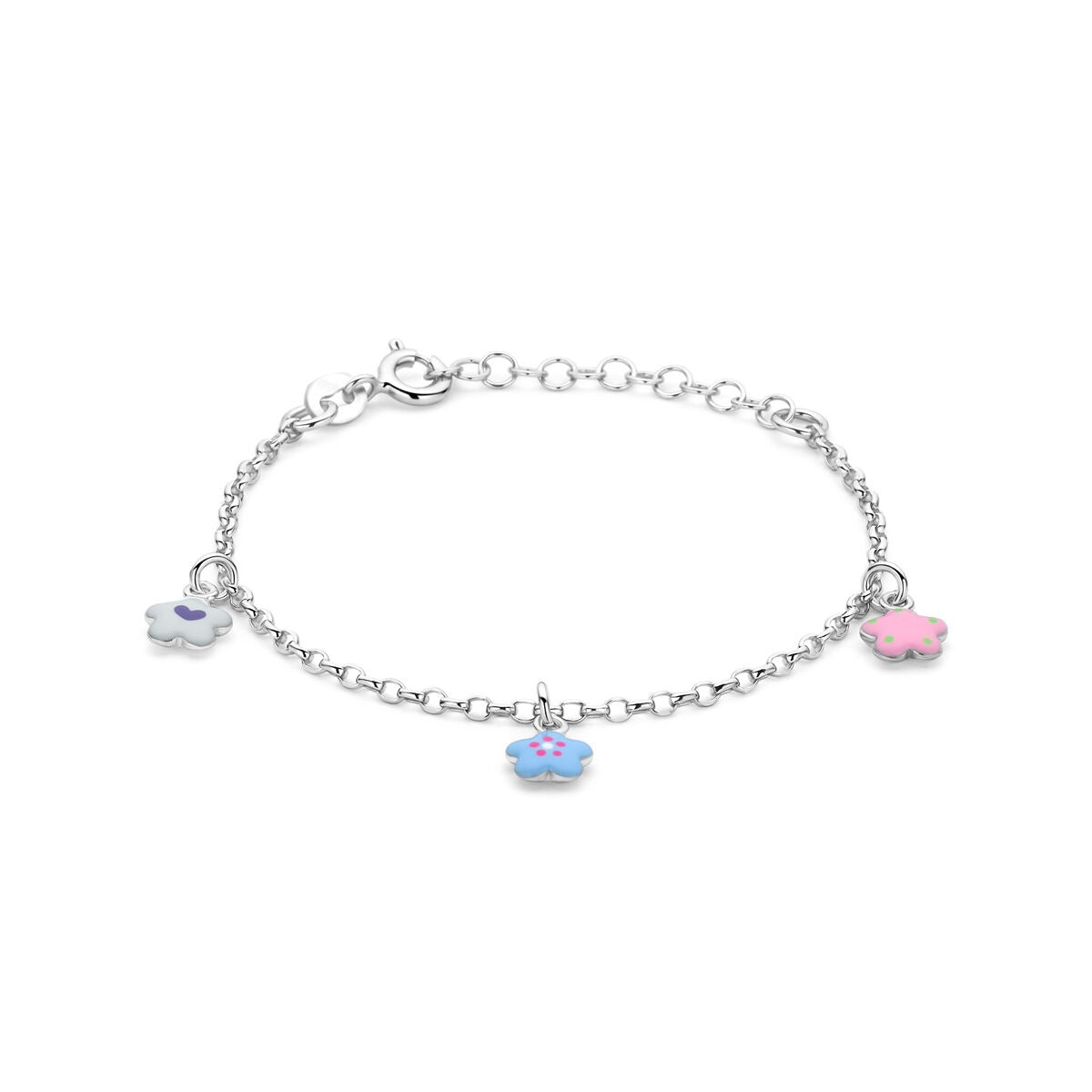 Gerhodineerde 925k zilveren kinderarmband met drie kleurrijke bloemen van emaille in blauw en roze.