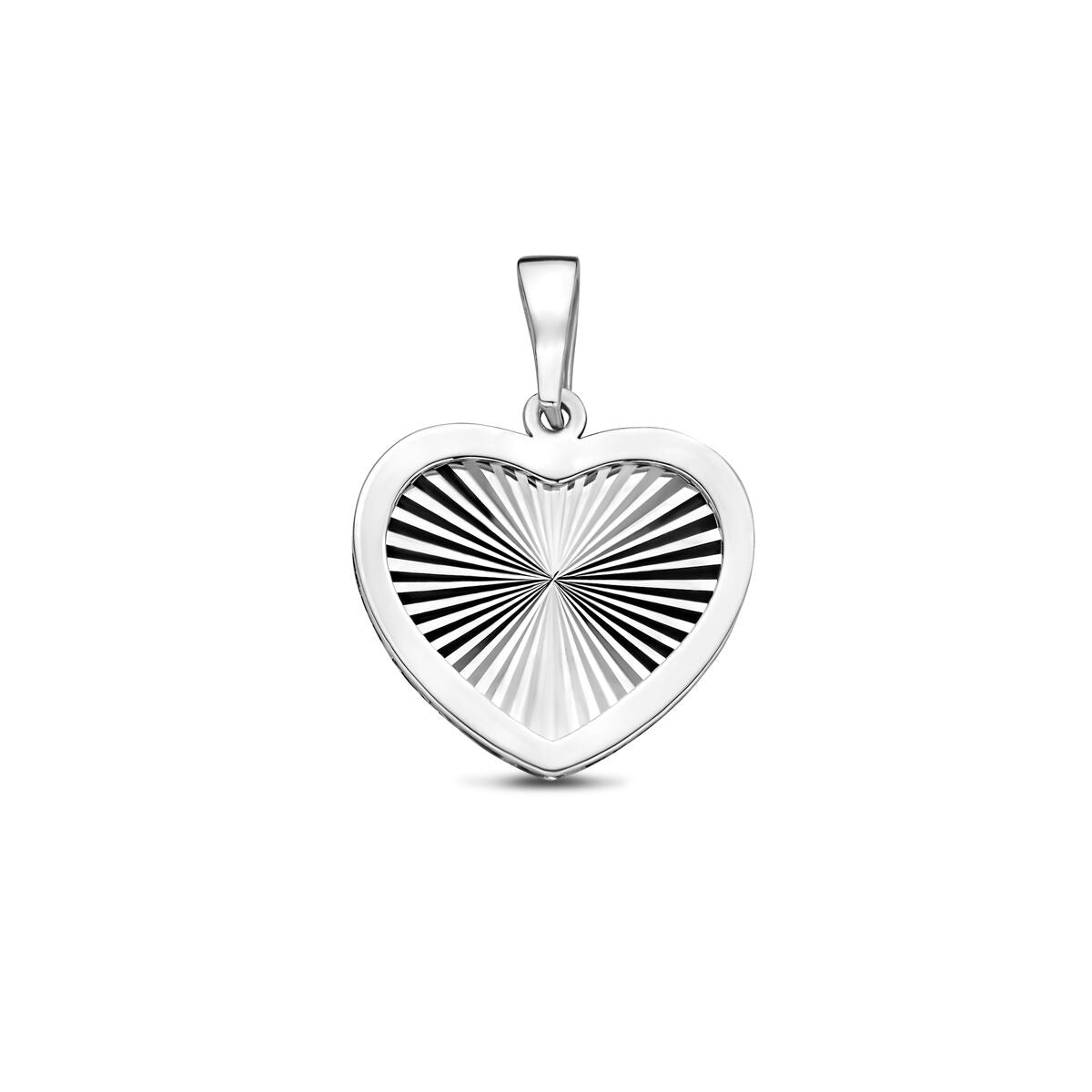 Zilveren hartvormige hanger van gerhodineerd 925 zilver met een stralend patroon, diameter 18 mm.