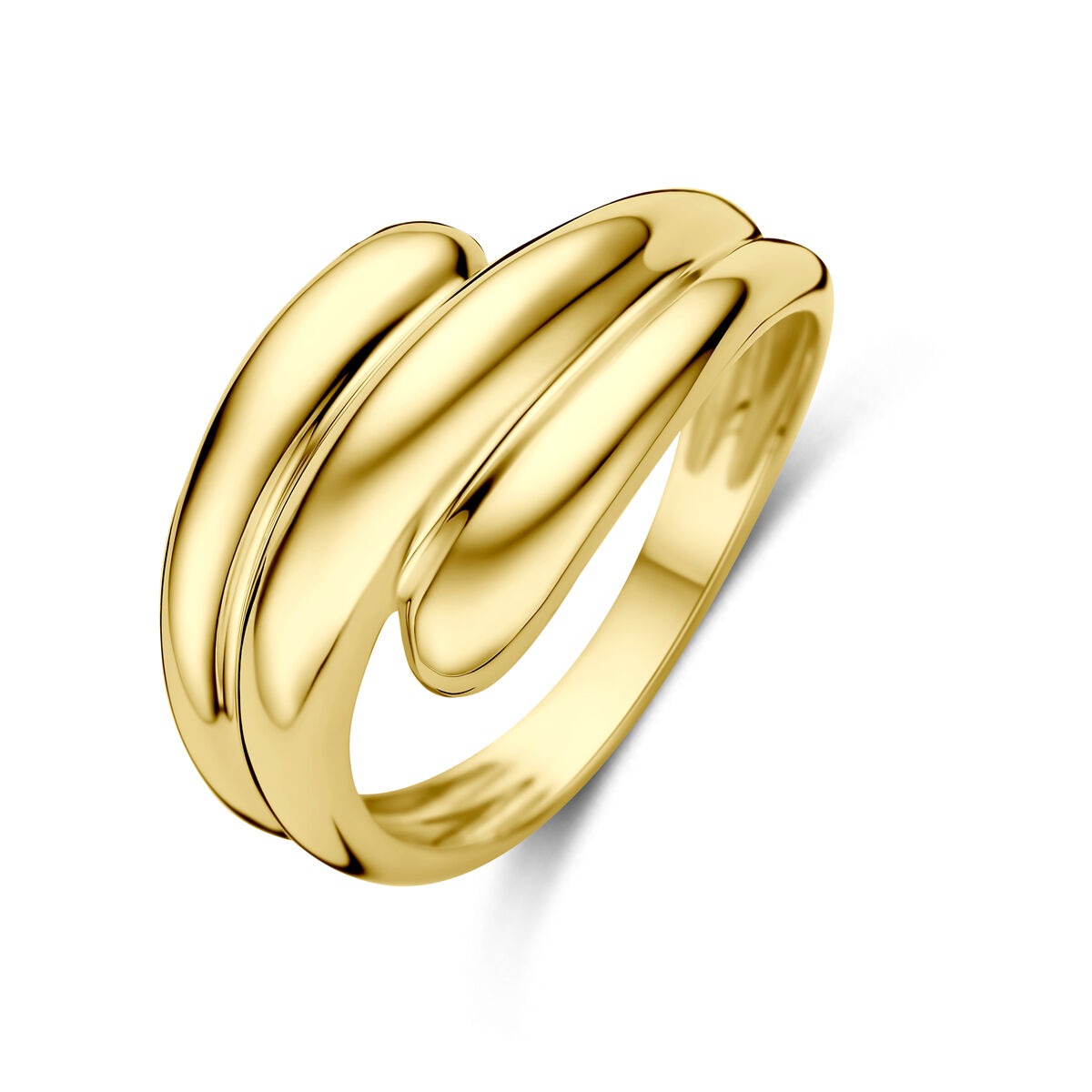 Bague en or jaune 14 carats avec un design ondulé et poli.