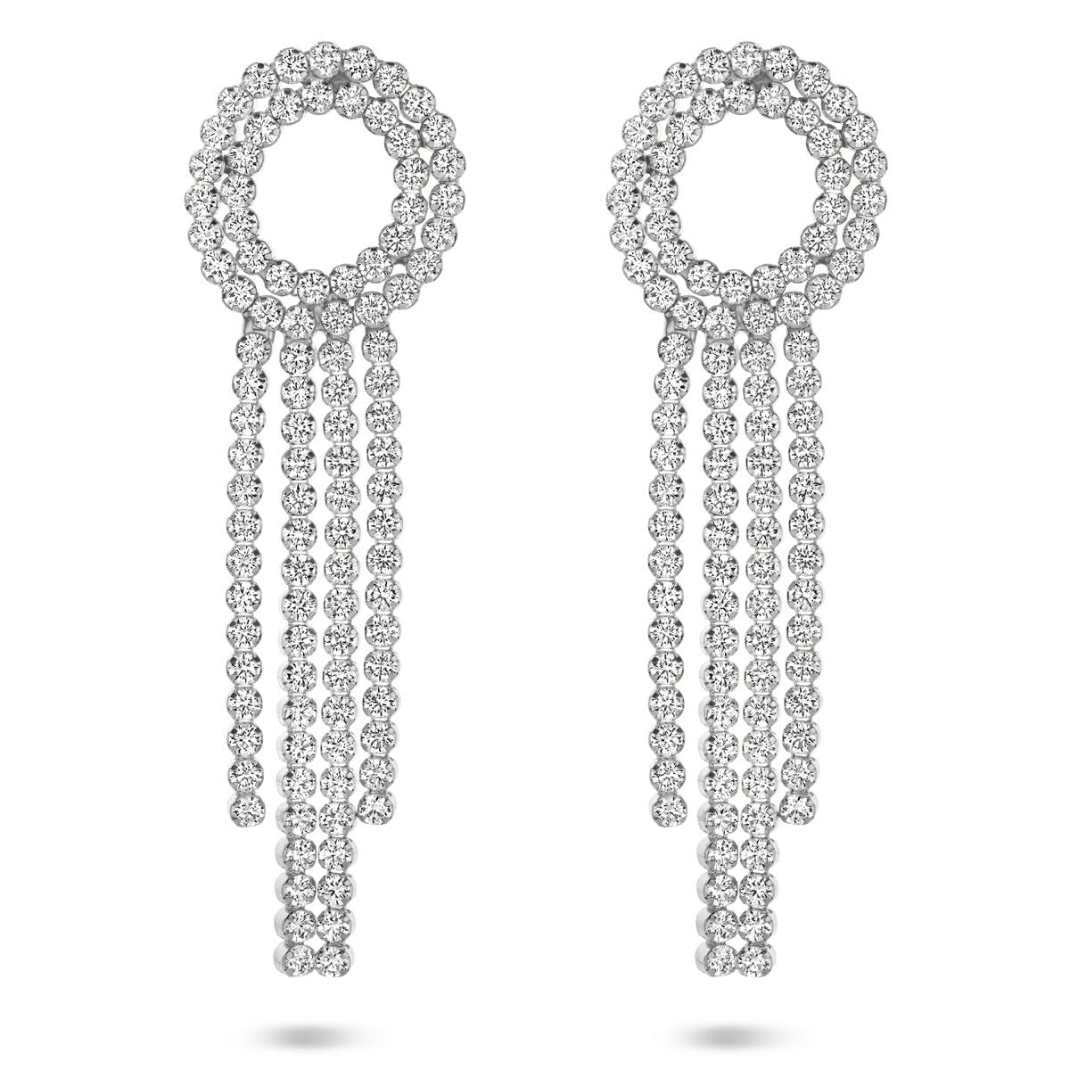 Boucles d'oreilles en argent rhodié ornées de zirconiums, mesurant 62 mm, avec des chaînes pendantes.