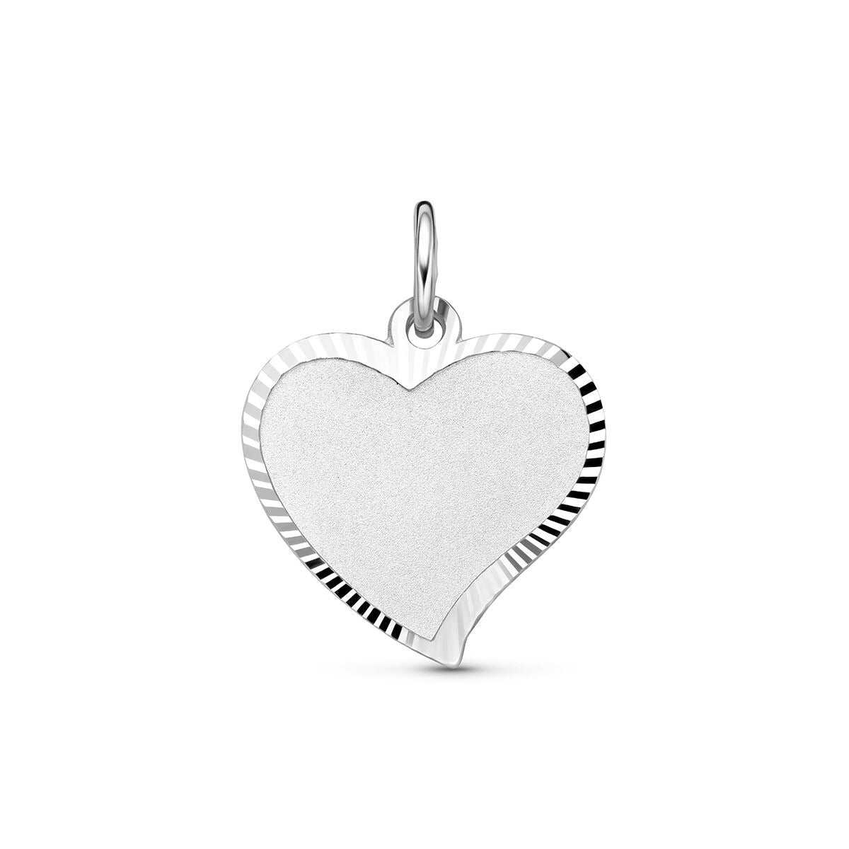 Pendentif en argent rhodié en forme de cœur avec surface lisse et bordure striée.