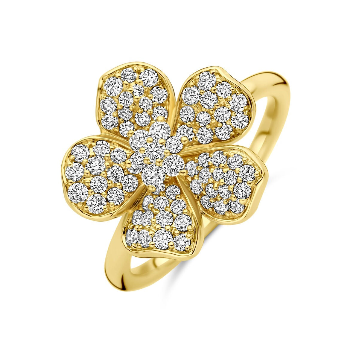 Bague en or jaune 14 carats en forme de fleur, ornée de diamants scintillants.