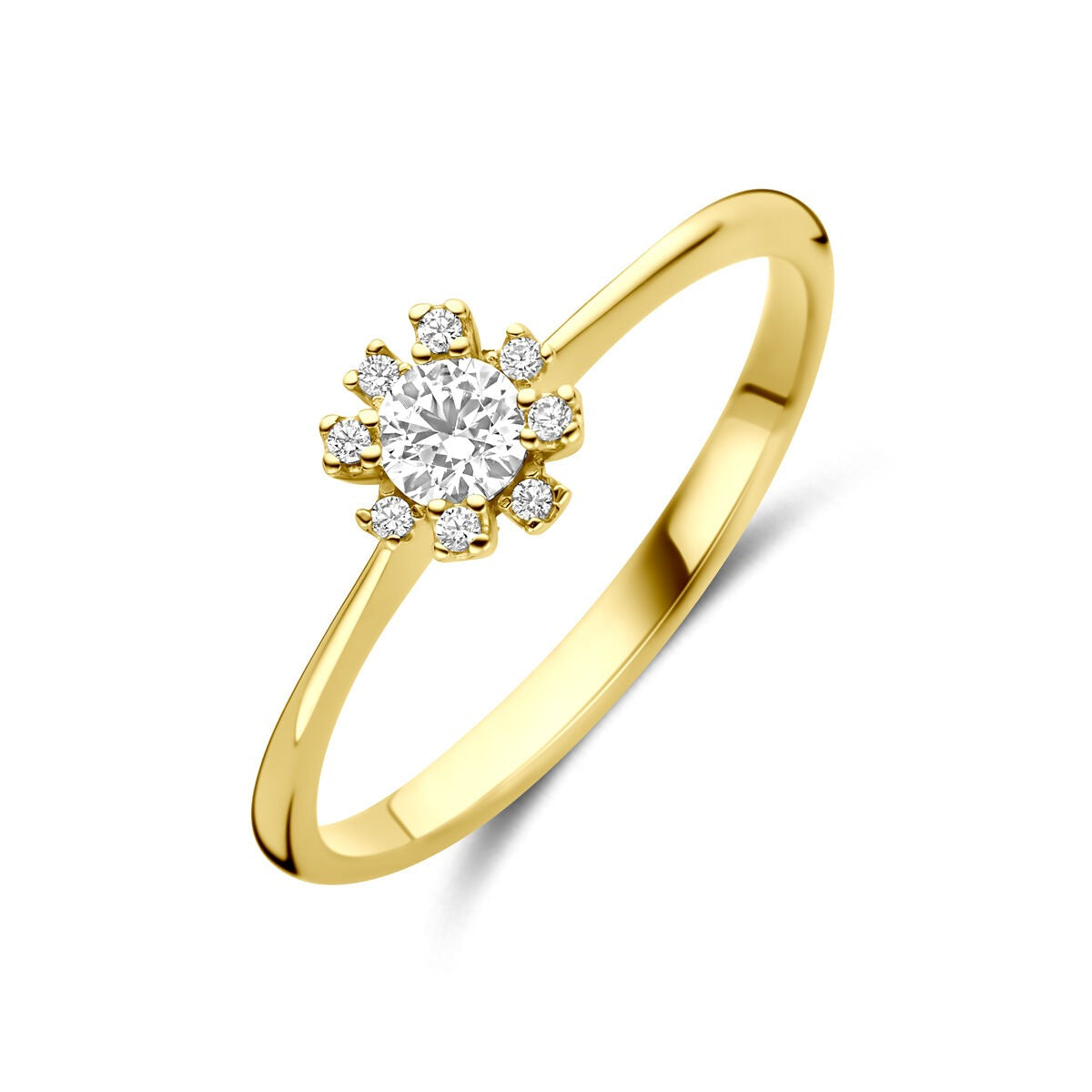Bague en or jaune 14 carats avec zirconia, design élégant en style entourage.