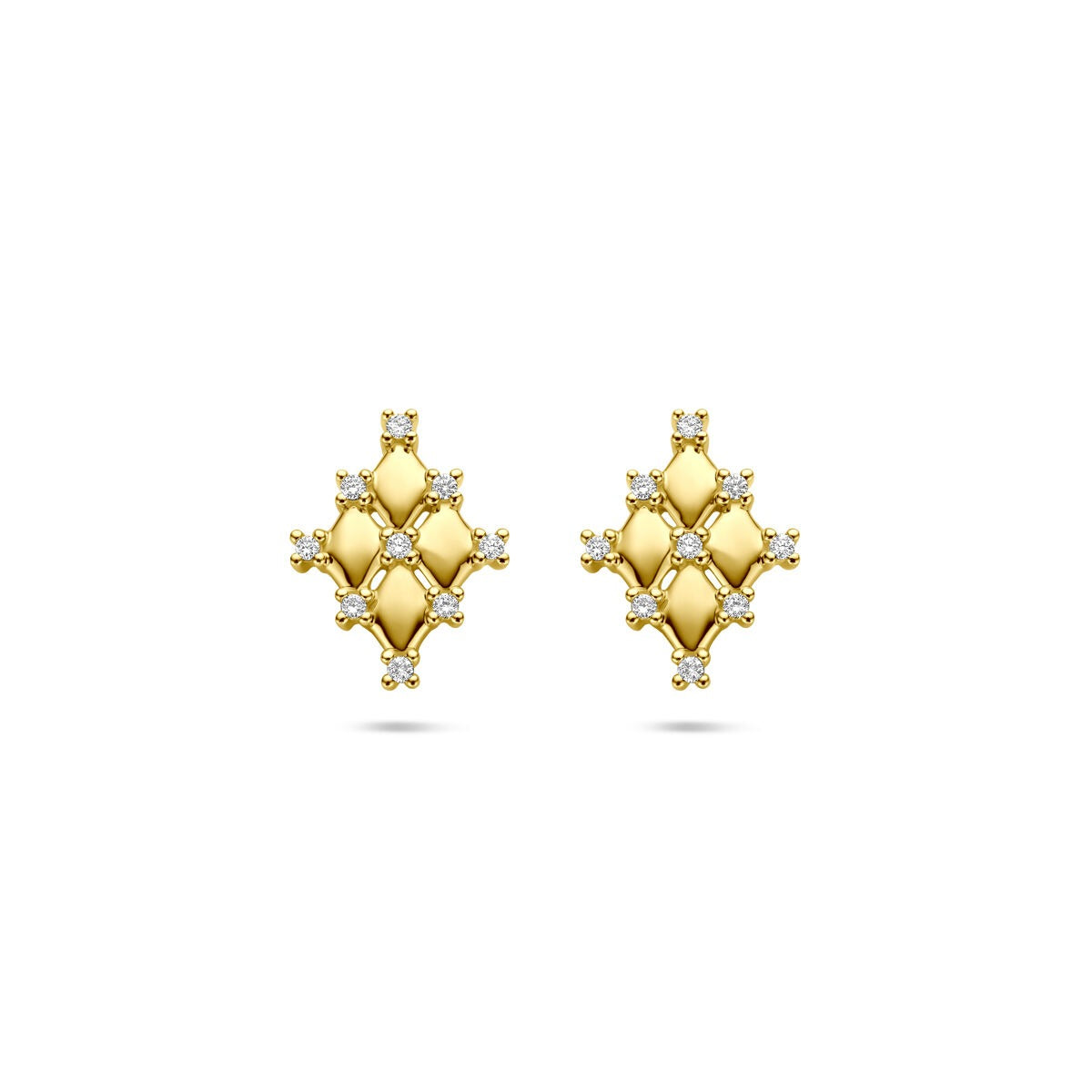 Boucles d'oreilles en or jaune 14 carats, en forme de losange, ornées de diamants.