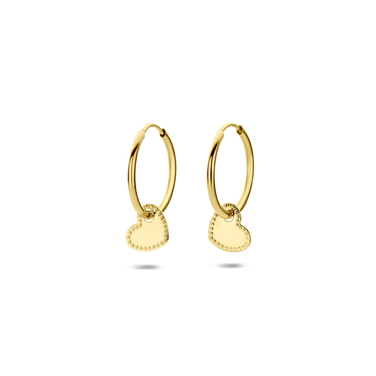 Boucles d'oreilles en or jaune 14 carats avec pendentifs en forme de cœur.