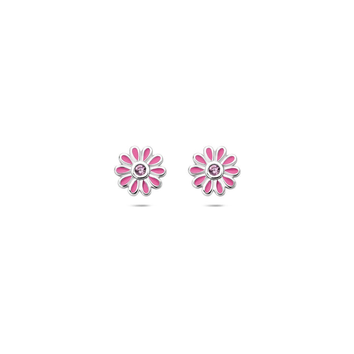 Zilveren oorknopjes bloem met roze zirkonia – gerhodineerd