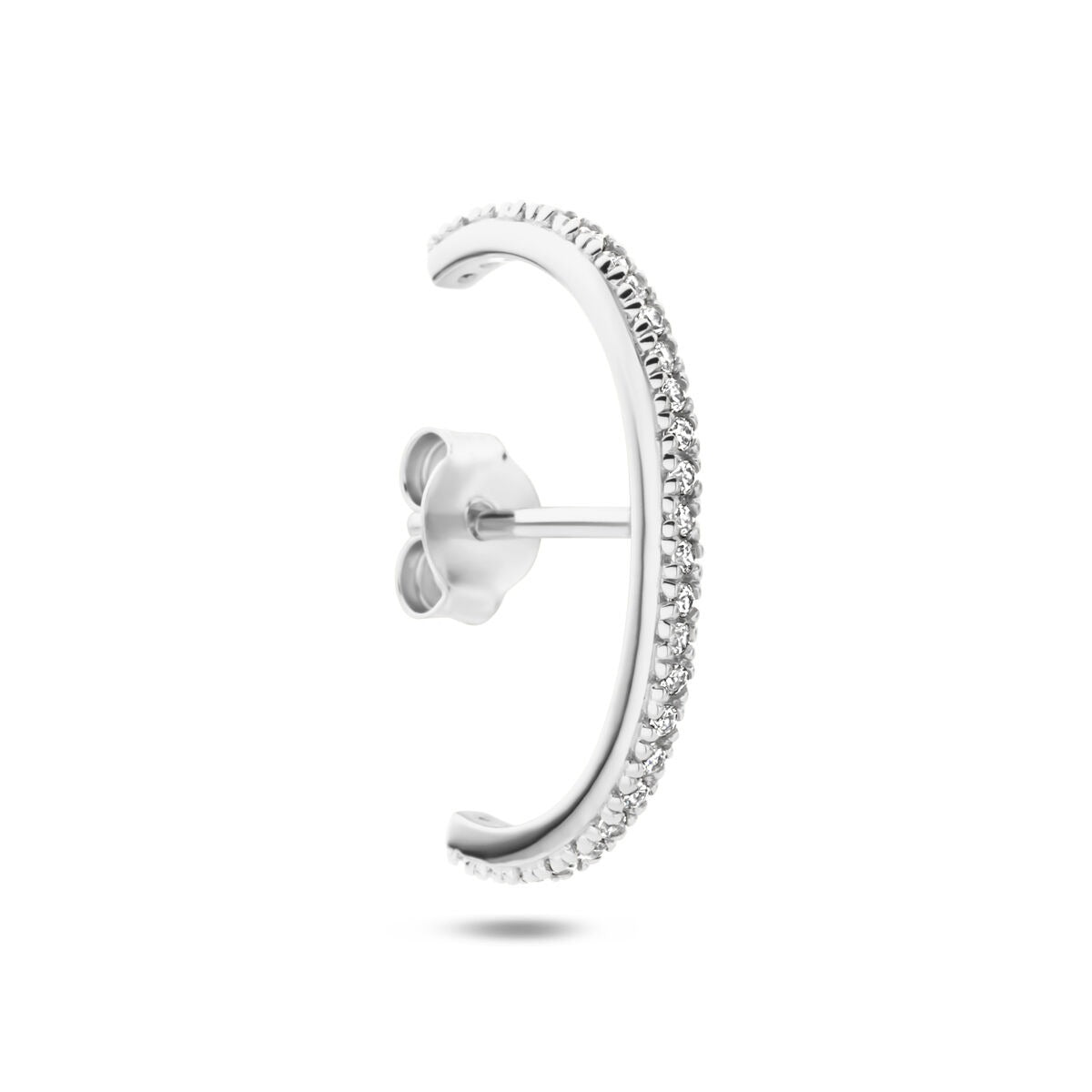 Boucle d'oreille en argent 925 rhodié avec zirconia, de forme suspendue et brillante.