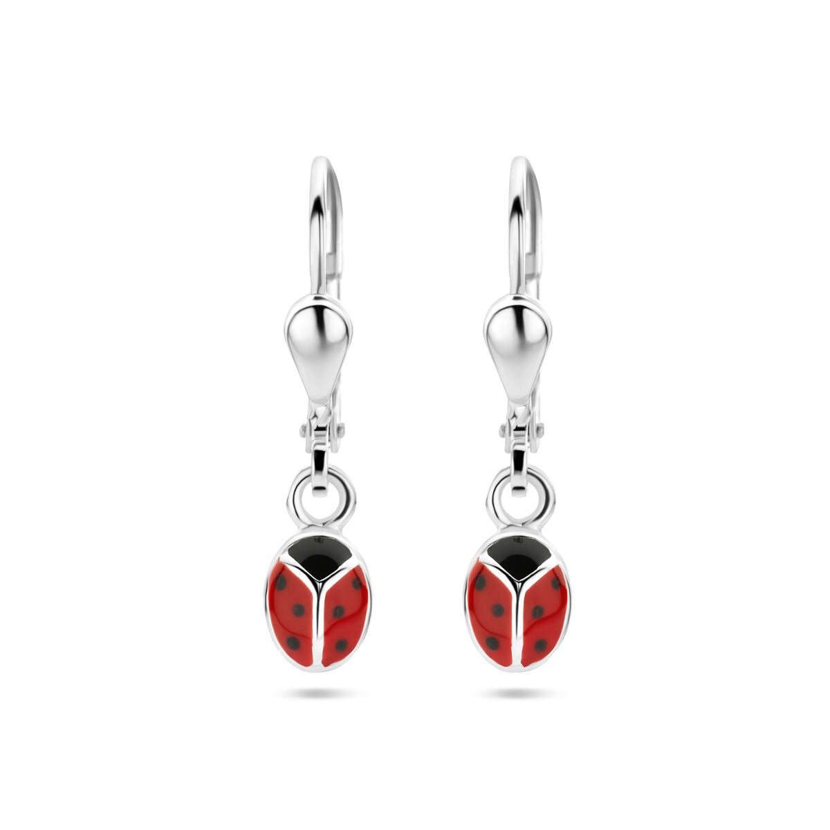 Boucles d'oreilles en argent 925 en forme de coccinelle, avec des détails rouges et noirs.