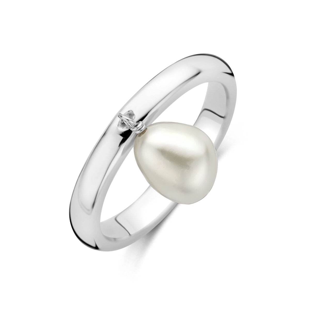 Bague en argent 925 rhodié avec une perle en forme de goutte et un zircon.