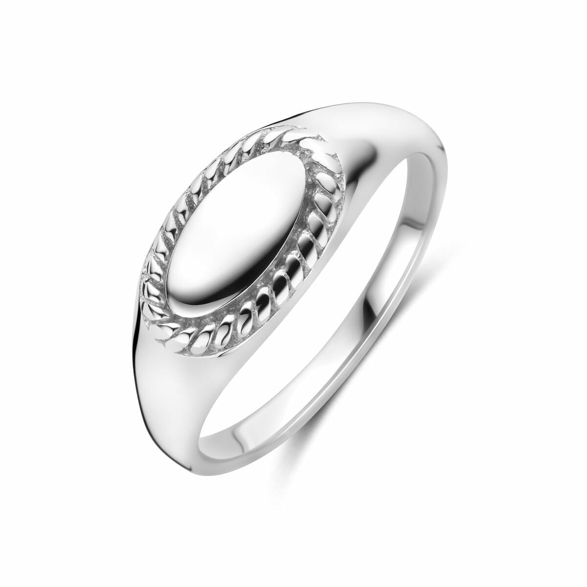 Bague en argent rhodié pour femme avec un motif tressé autour d'un ovale lisse.