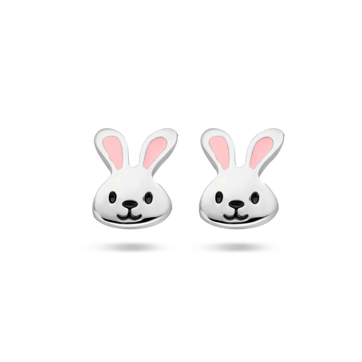 Boucles d'oreilles en argent en forme de lapin avec émail blanc et rose.
