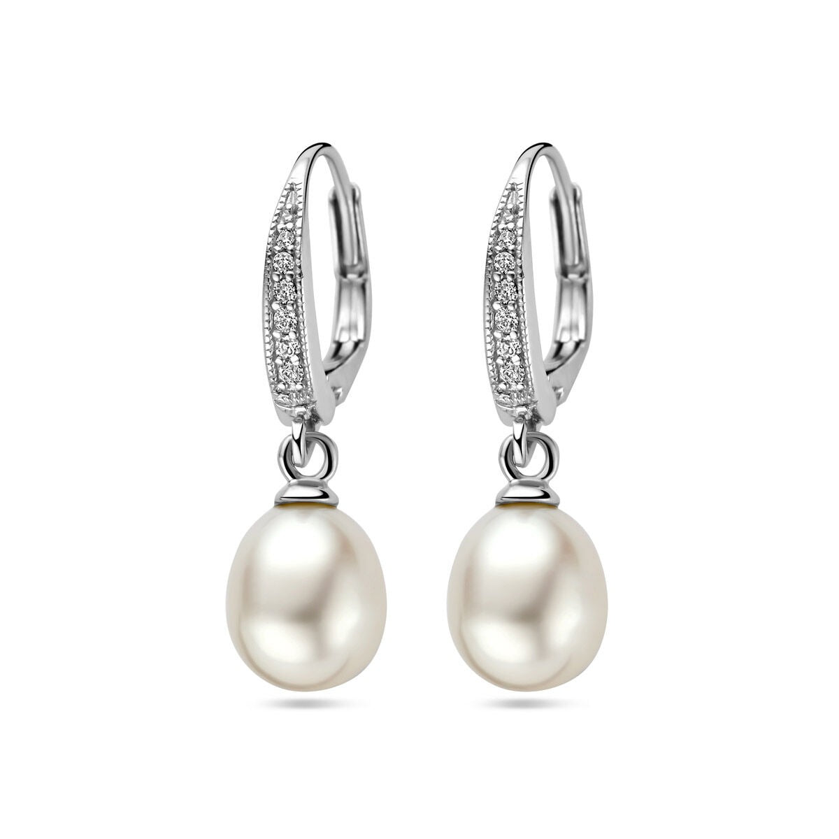 Boucles d'oreilles en argent 925 rhodié avec zirconia et perles d'eau douce.