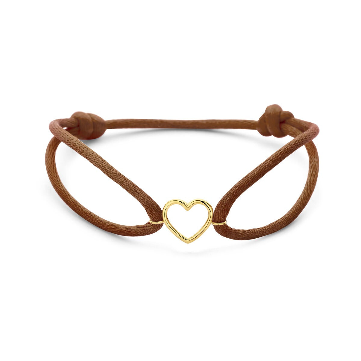 Bracelet en satin brun avec un cœur en or jaune 14 carats, symbole d'amour subtil.