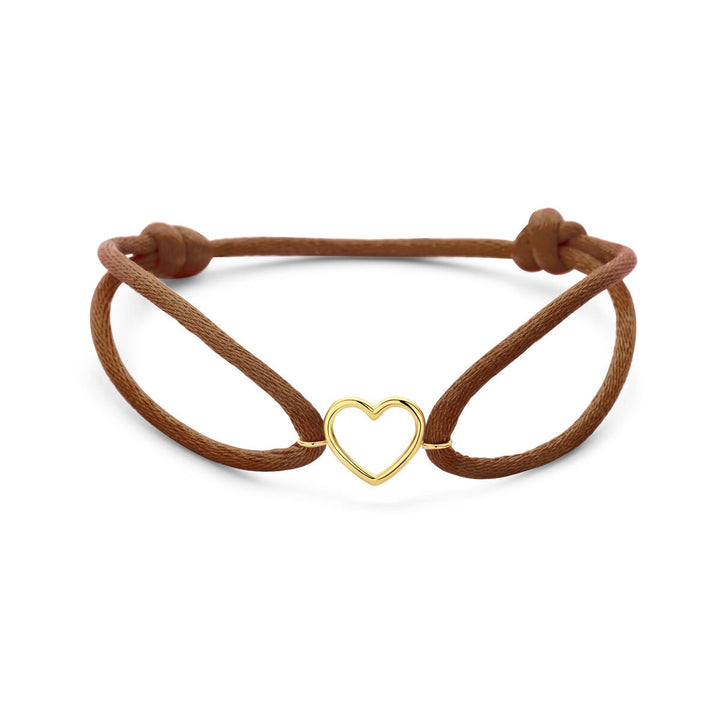 Bruine satijnen dames armband met 14k geelgouden hartje – Subtiel liefdessymbool in warme tinten
