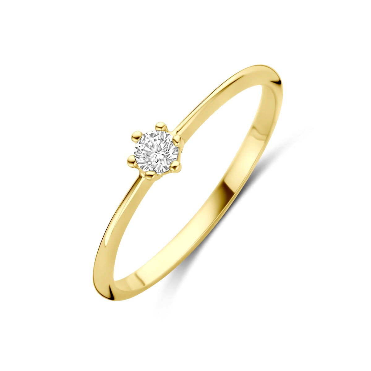 Bague en or jaune 14 carats avec zirconia, design délicat et brillant.