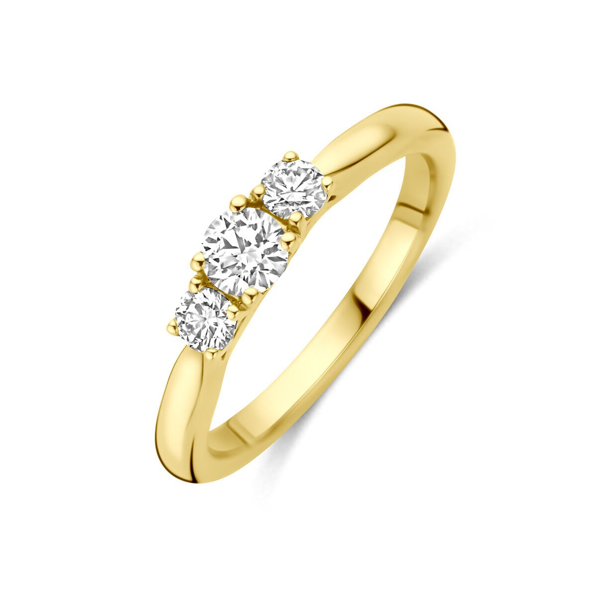 Bague en or jaune 14 carats avec trois diamants ronds de 0,45 ct au total.