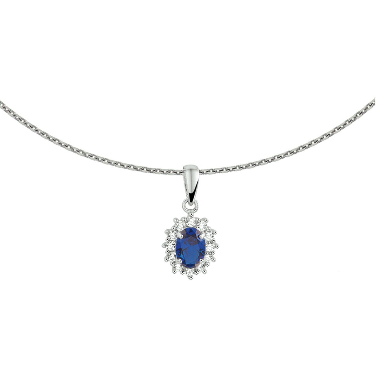 Collier en argent rhodié avec un pendentif en saphir synthétique entouré de zirconiums.