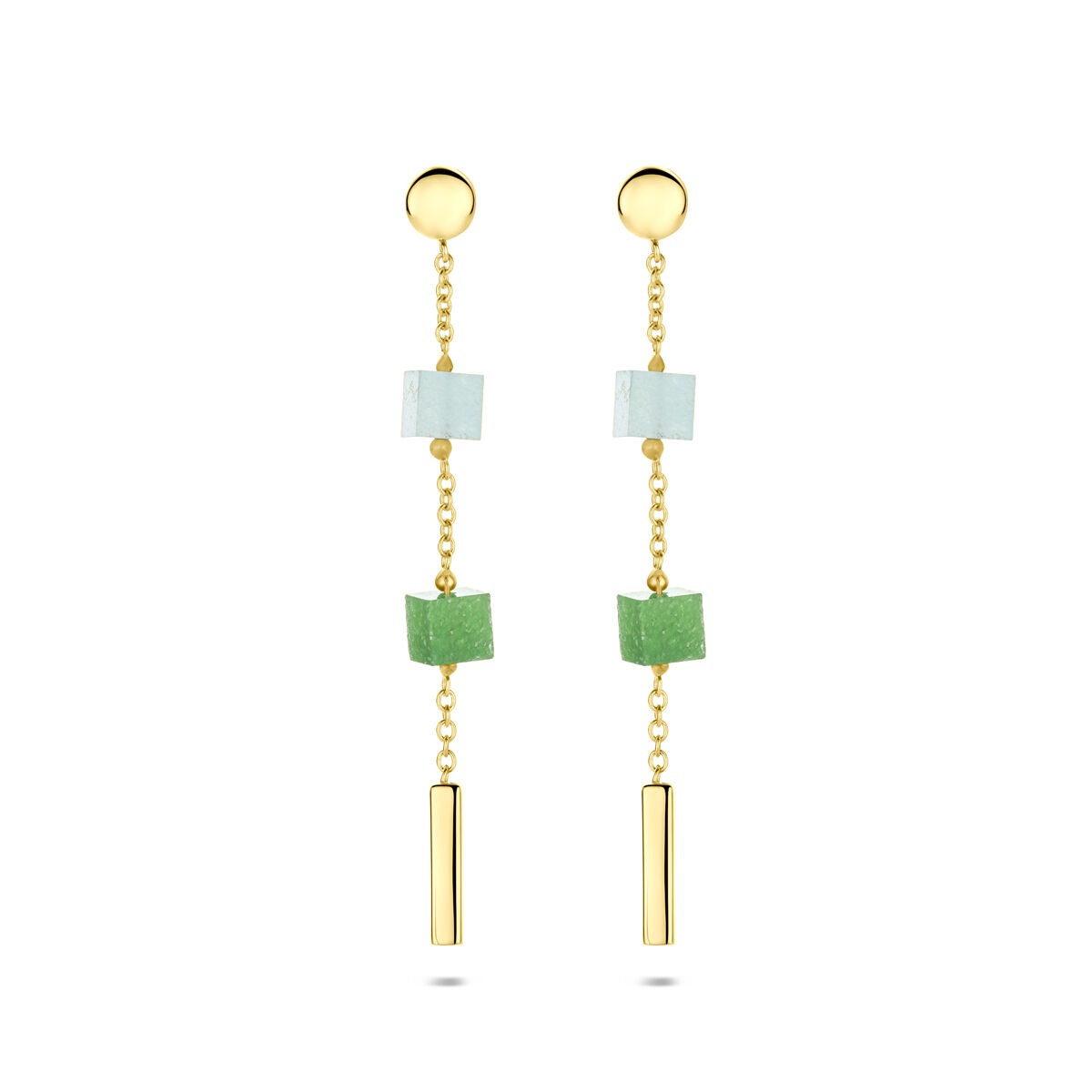 Boucles d'oreilles en or 14 carats avec des pierres de quartz bleu et vert, pendantes et géométriques.