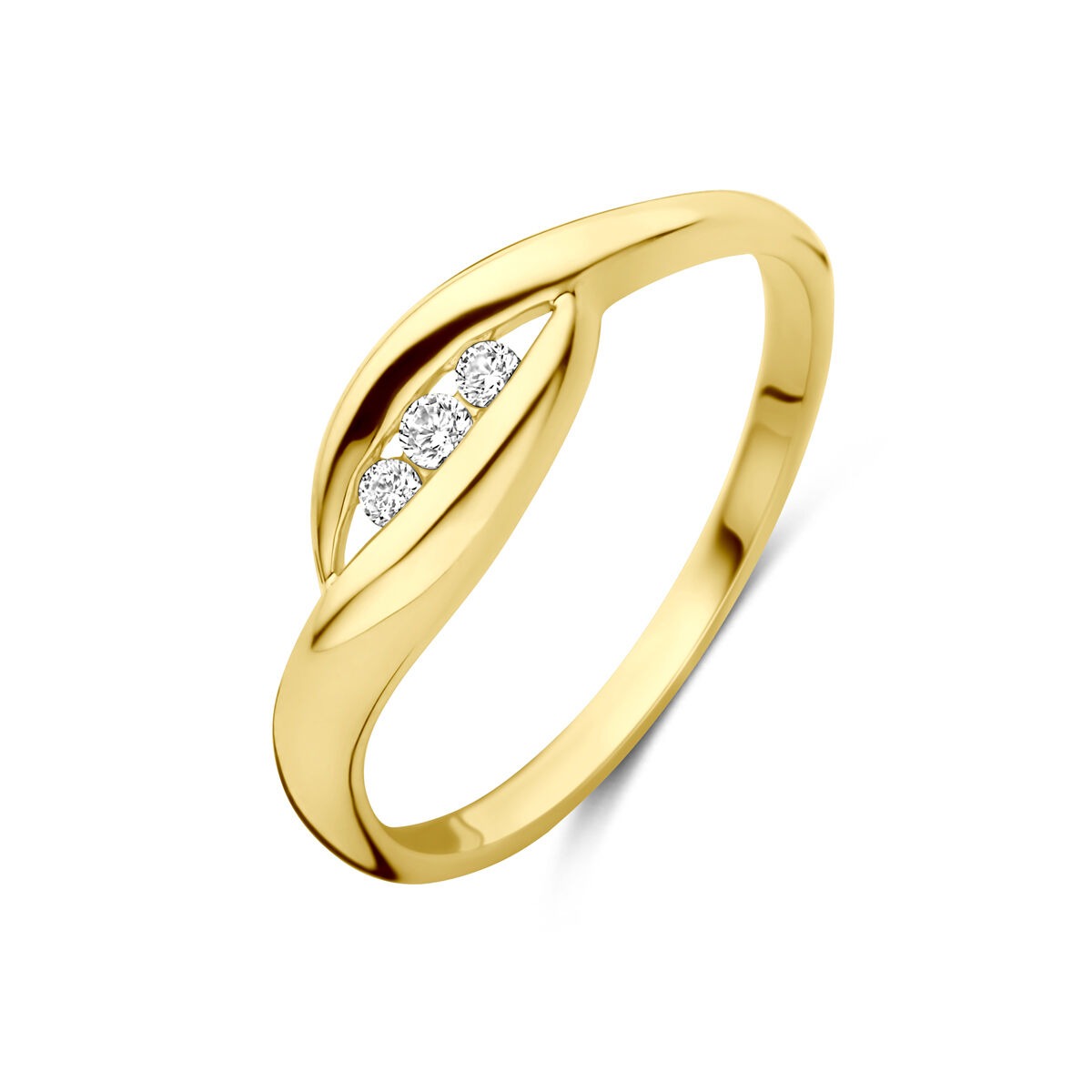 Bague en or jaune 14 carats avec zirkonia, design ondulé et éclat brillant.