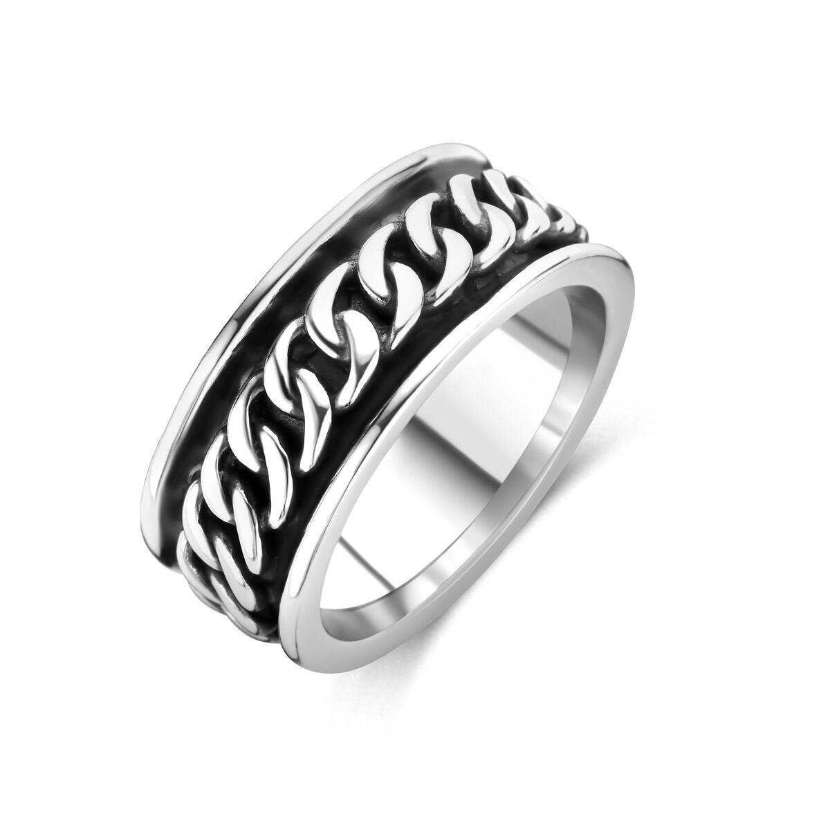Bague en argent oxydé pour homme, large avec un motif de chaîne et une finition texturée.