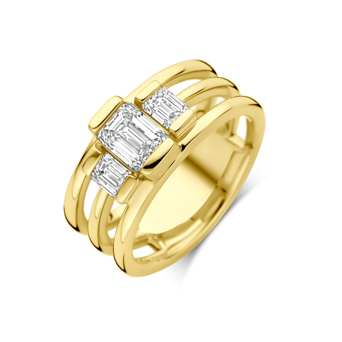 Bague en or jaune 14k avec un diamant lab grown de 1,50 ct et des diamants en taille émeraude.