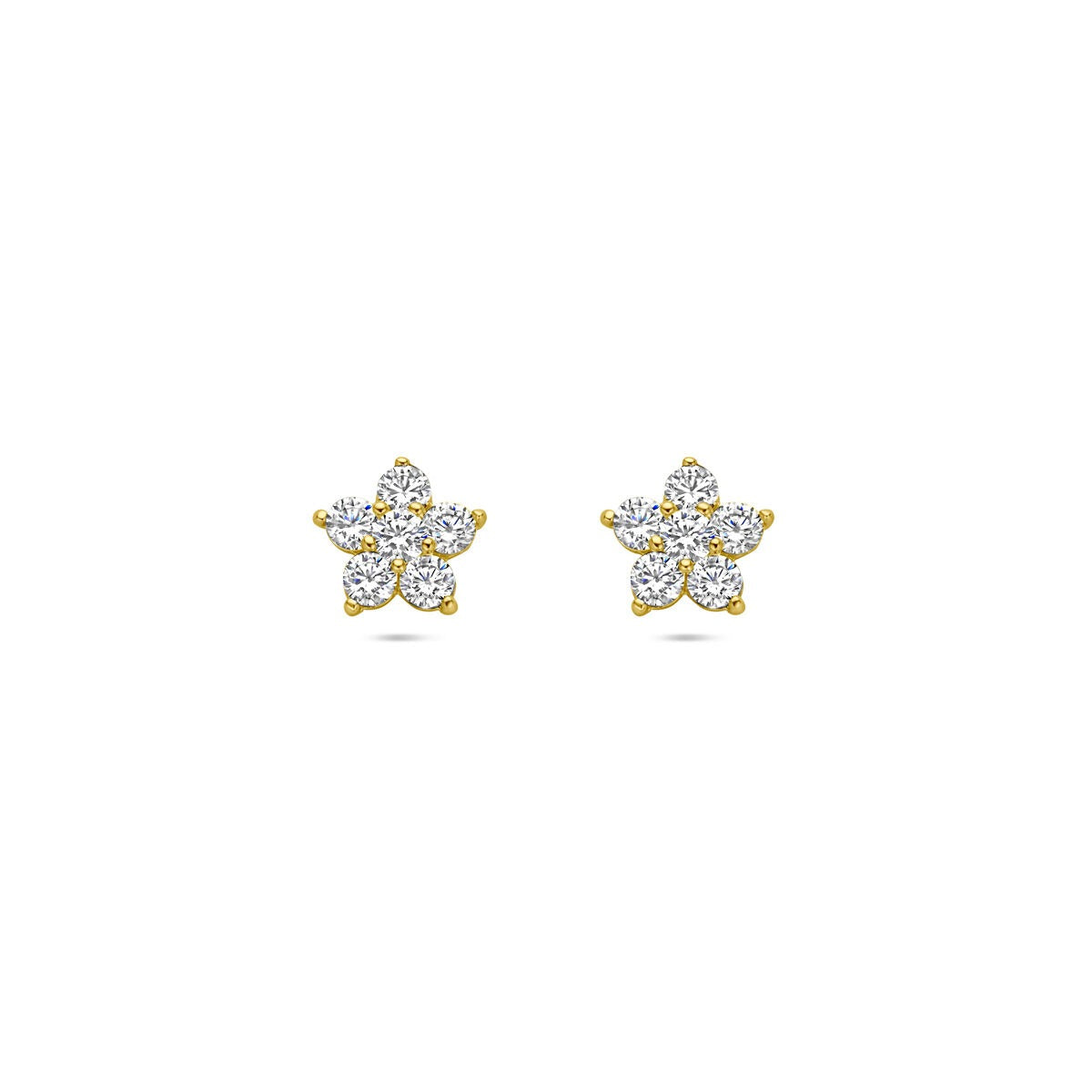 Boucles d'oreilles en or jaune 14 carats en forme de fleur avec des zirconias transparentes.