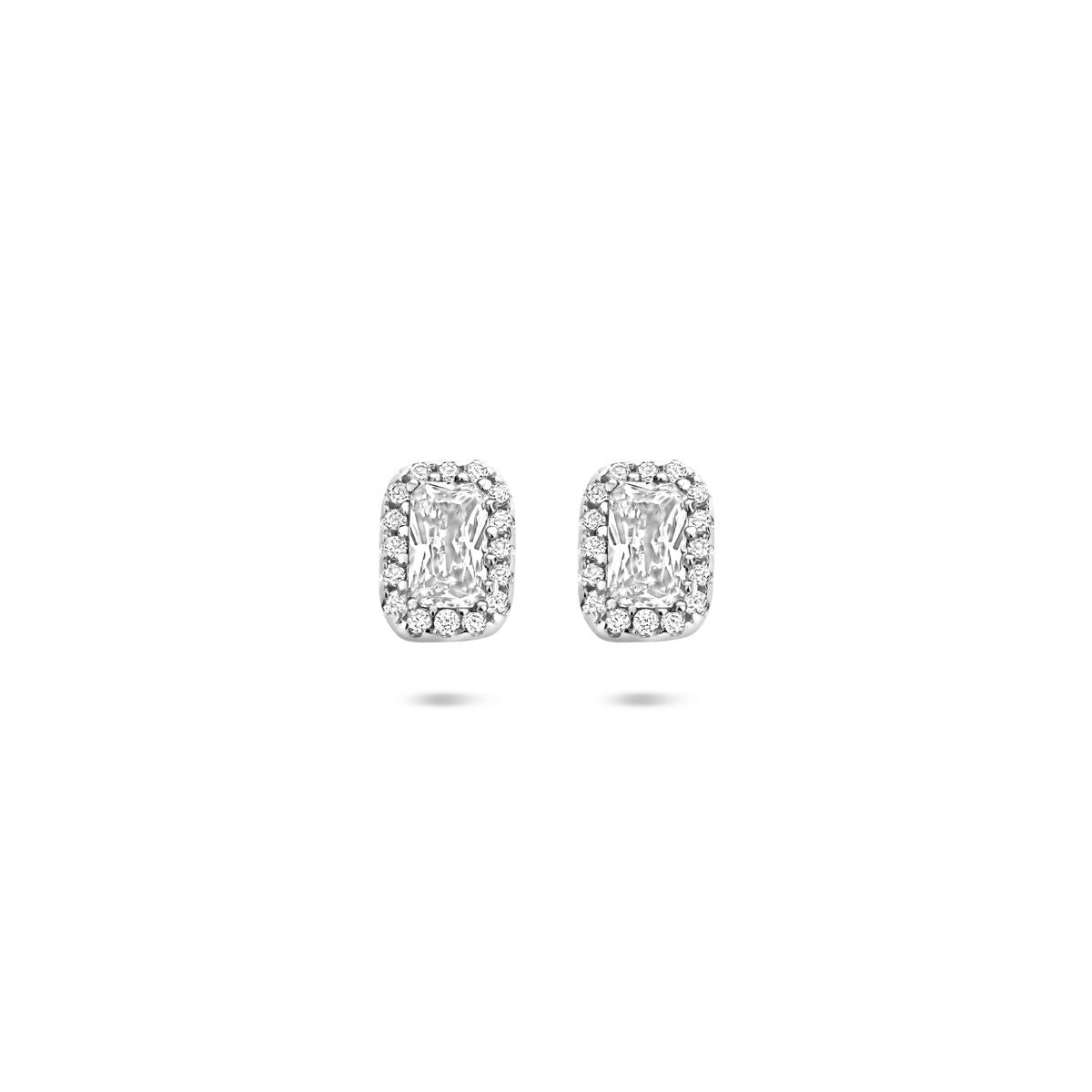 Boucles d'oreilles en argent 925 rhodié avec zirconia, de forme rectangulaire et ornées de petites pierres brillantes.