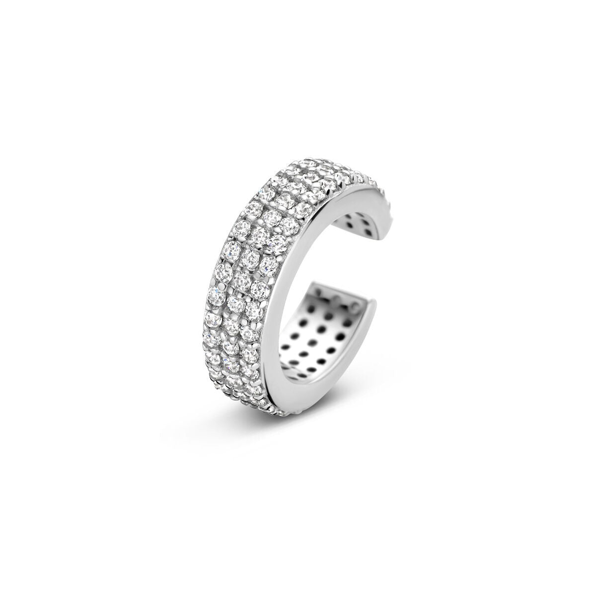 Ear cuff en argent avec zirconiums, finition rhodiée, design large et brillant.