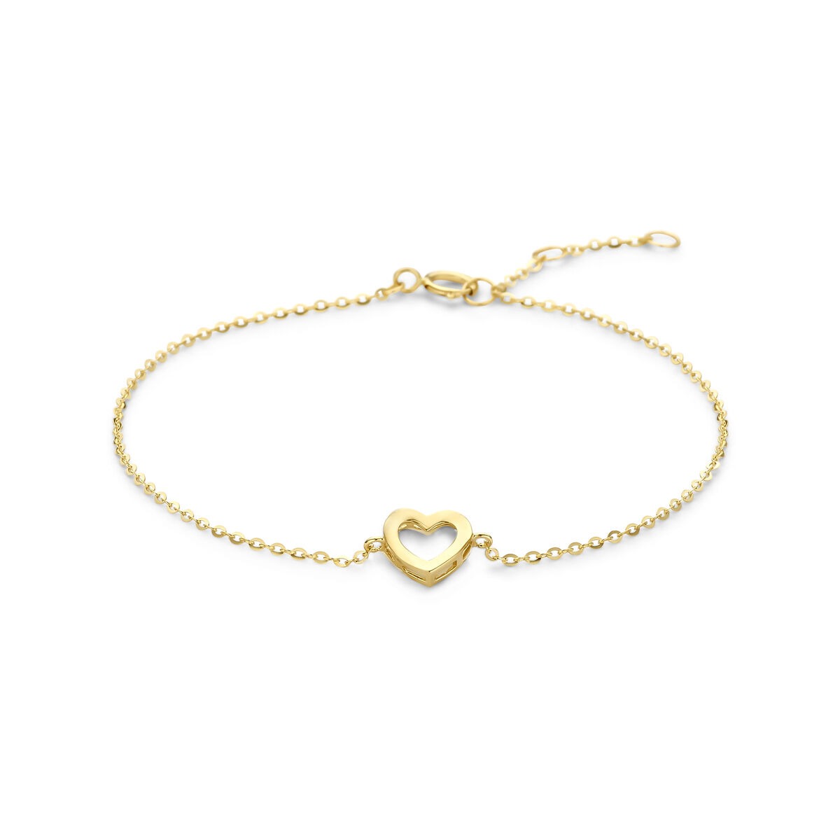 Bracelet en or 14 carats avec un petit cœur ouvert au centre.