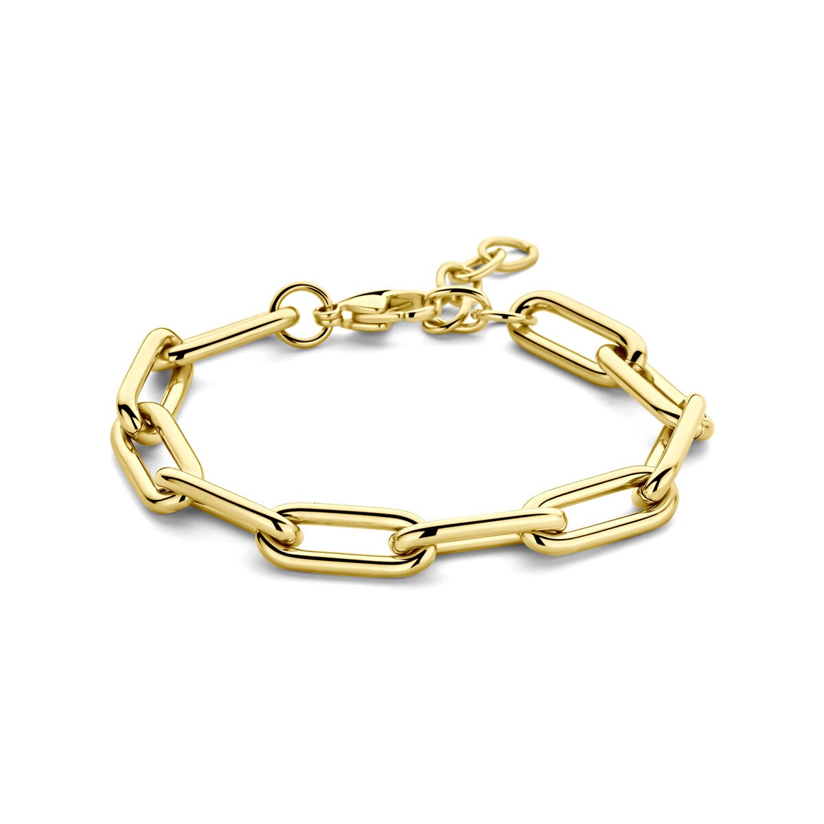 Bracelet en acier avec plaquage doré, composée de maillons allongés, ajustable de 17 à 20 cm.