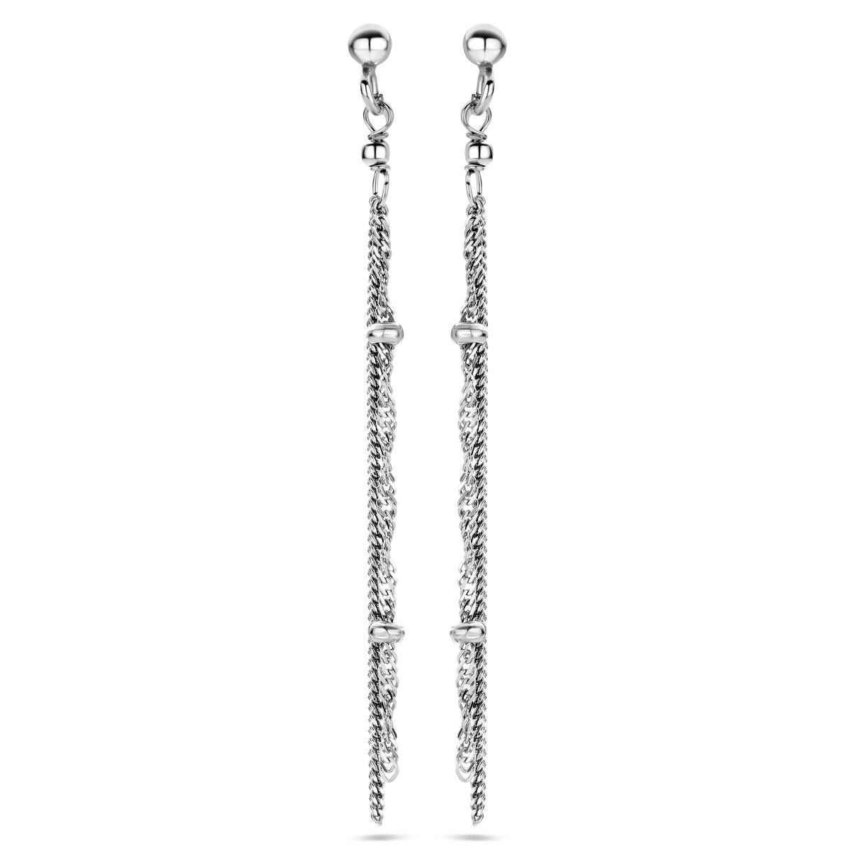 Boucles d'oreilles argentées rhodiées en argent 925, longues et délicates avec des détails en chaîne.