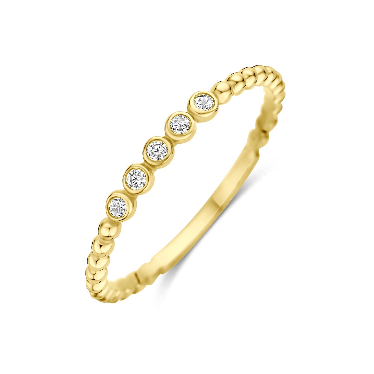 Bague en or jaune 14 carats ornée de zircons, avec un design délicat et des détails en perles.