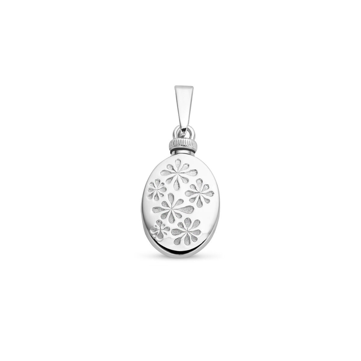 Pendentif ovale en argent 925 avec motif floral gravé.