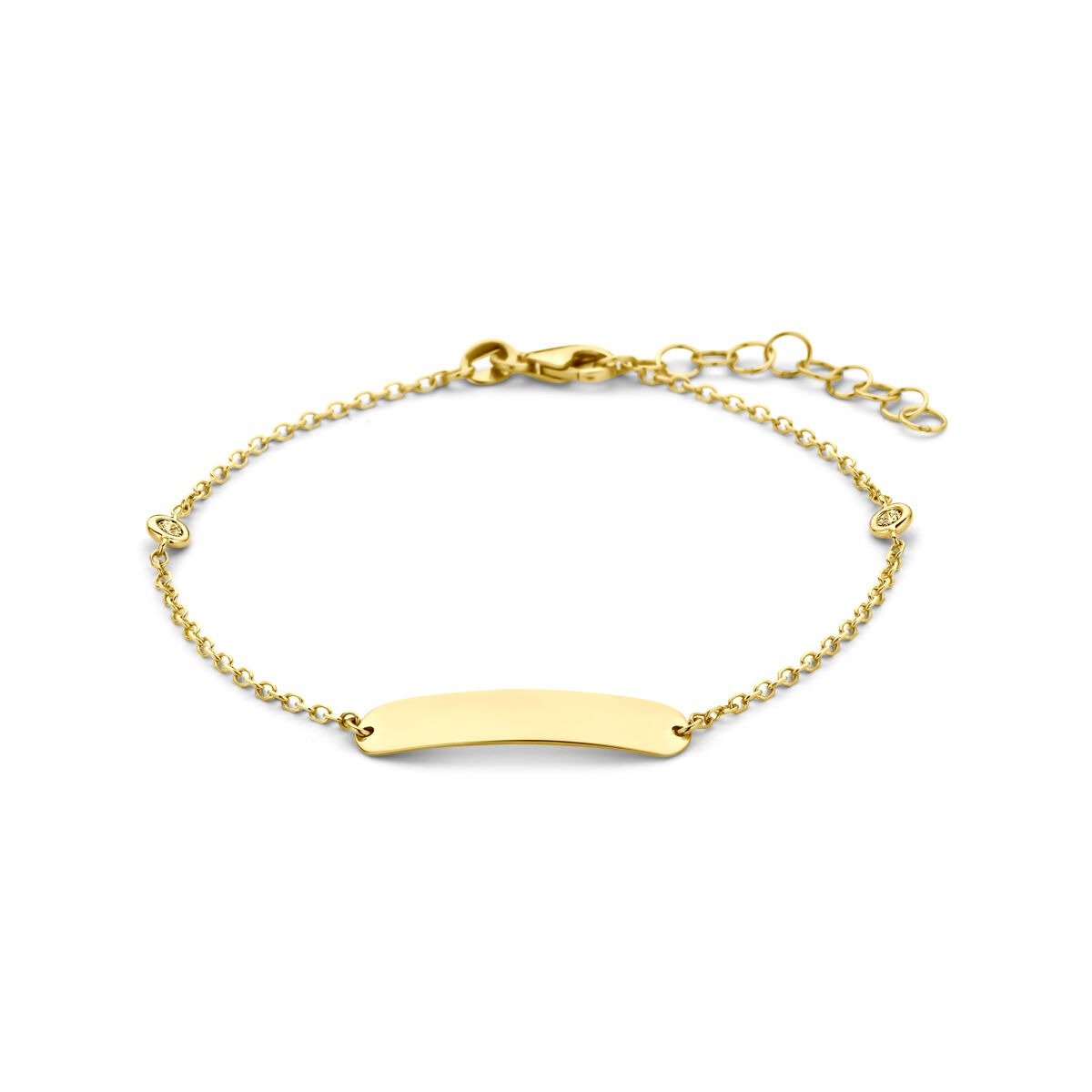 Bracelet en or jaune 14k avec une plaque gravable et un diamant cultivé en laboratoire.