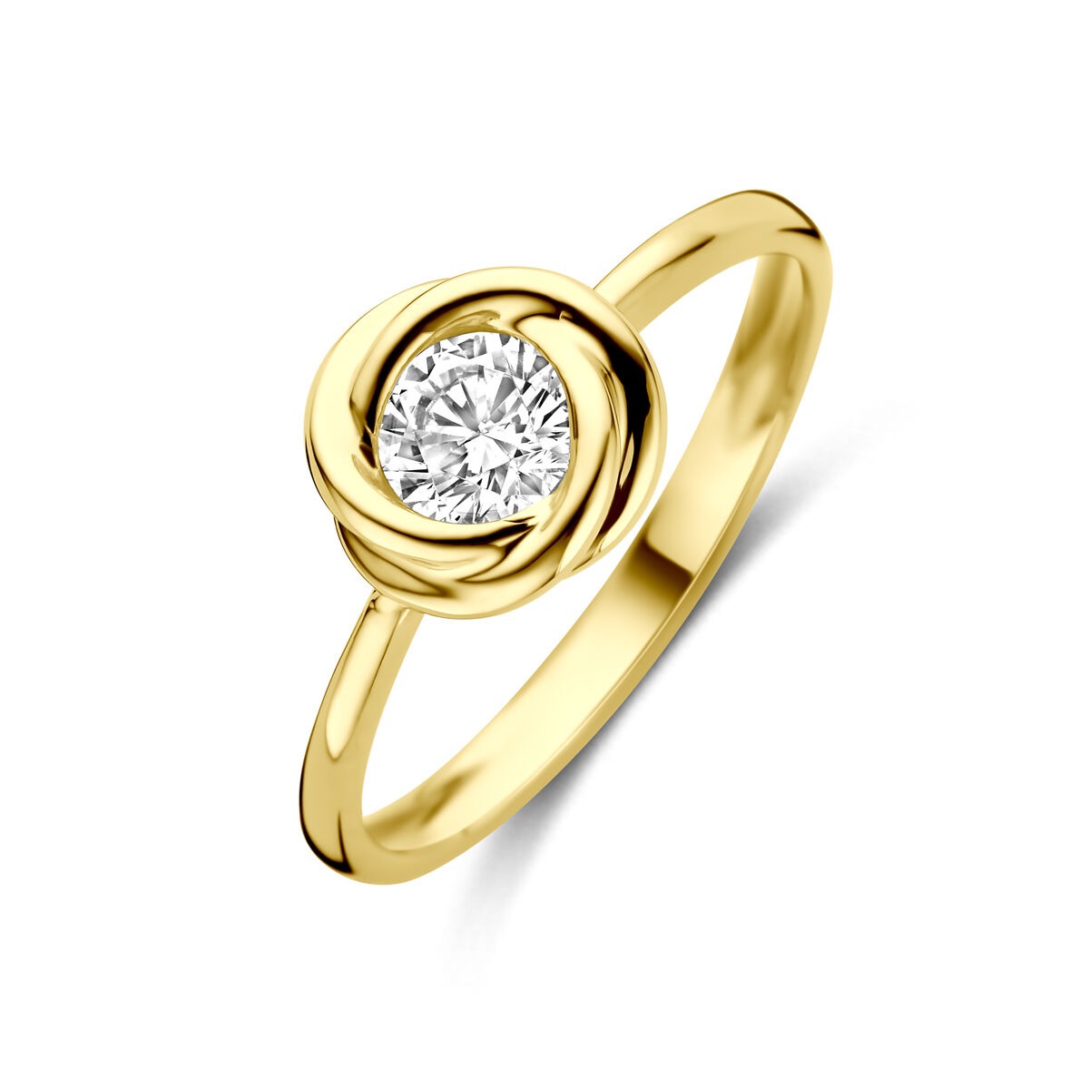 Bague en or jaune 14 carats avec zirconia, design classique et solitaire.