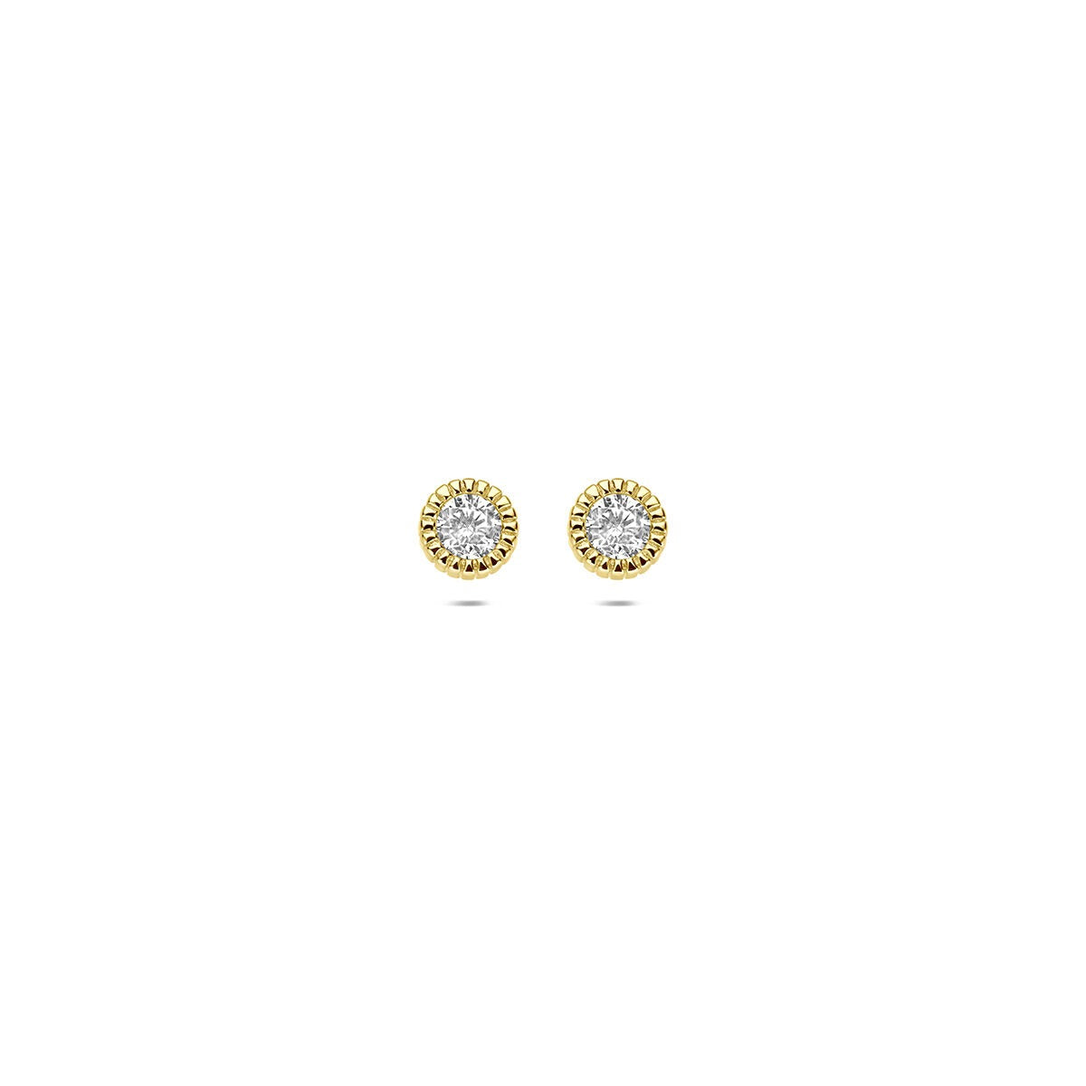 Boucles d'oreilles en or jaune 9 carats avec zirconium, forme ronde et finition brillante.