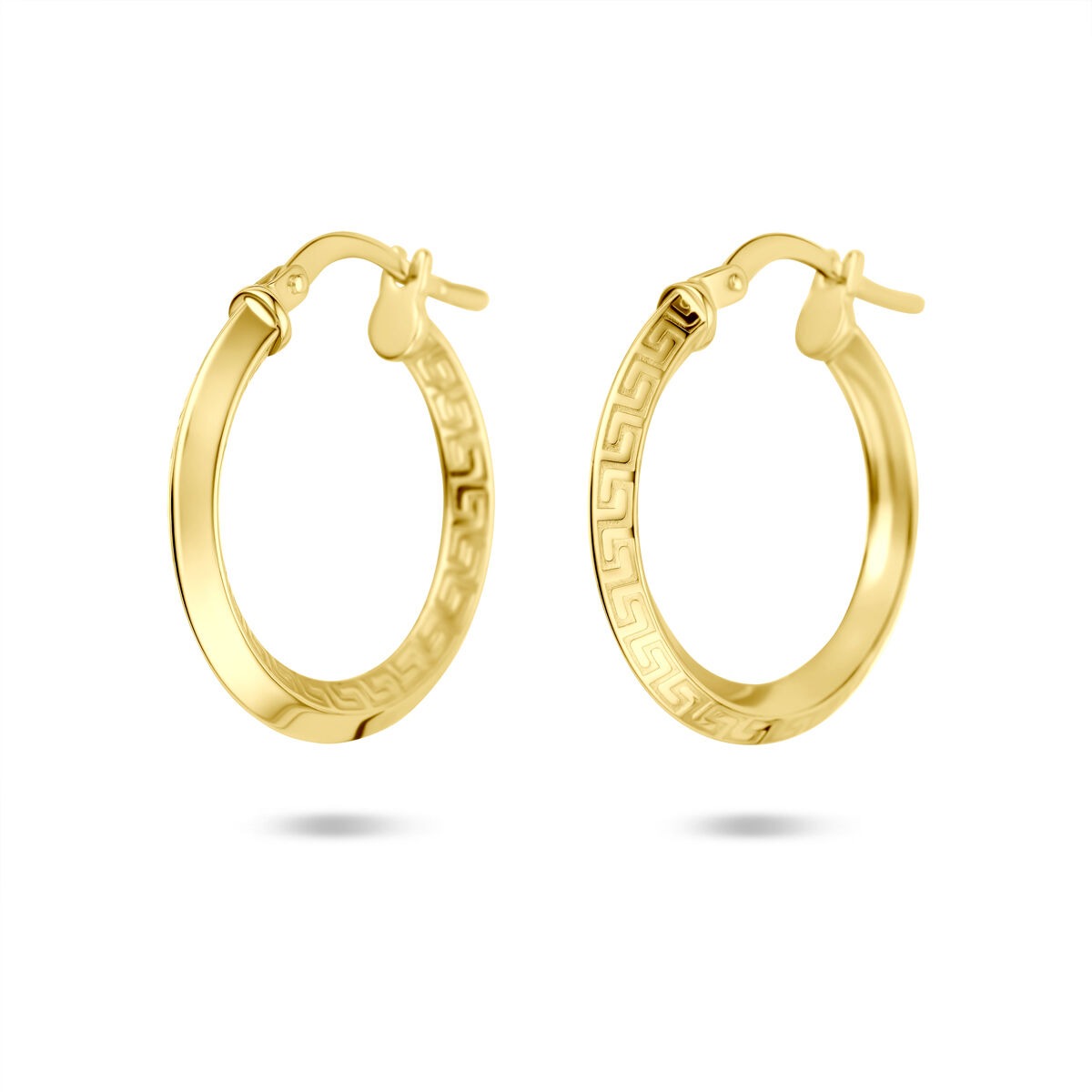 Boucles d'oreilles en or jaune avec fermeture à charnière, 2,5 mm de diamètre, décorées de motifs gravés.