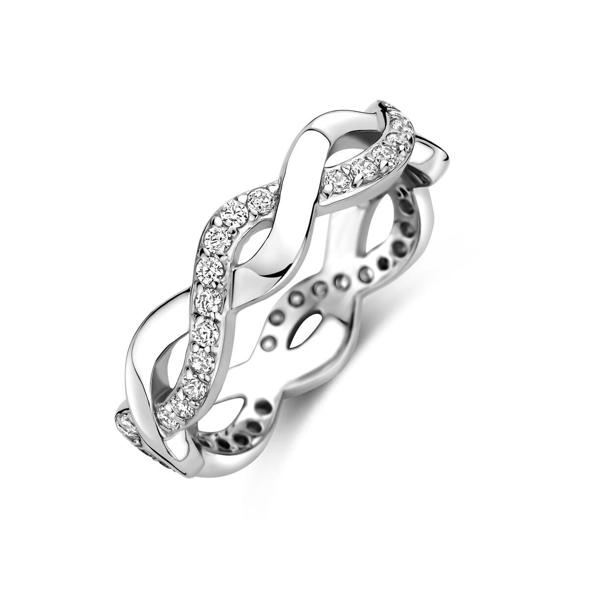 Bague en argent avec zirconiums, largeur de 5 mm, design entrelacé.