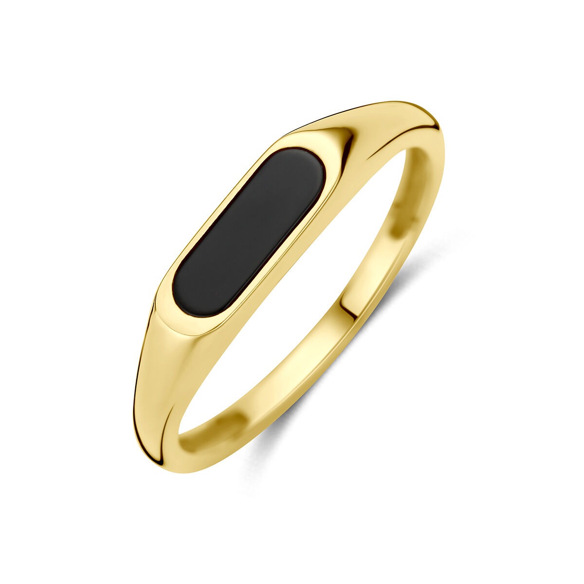 Bague en or jaune 9 carats avec onyx noir, forme ovale et finition lisse.