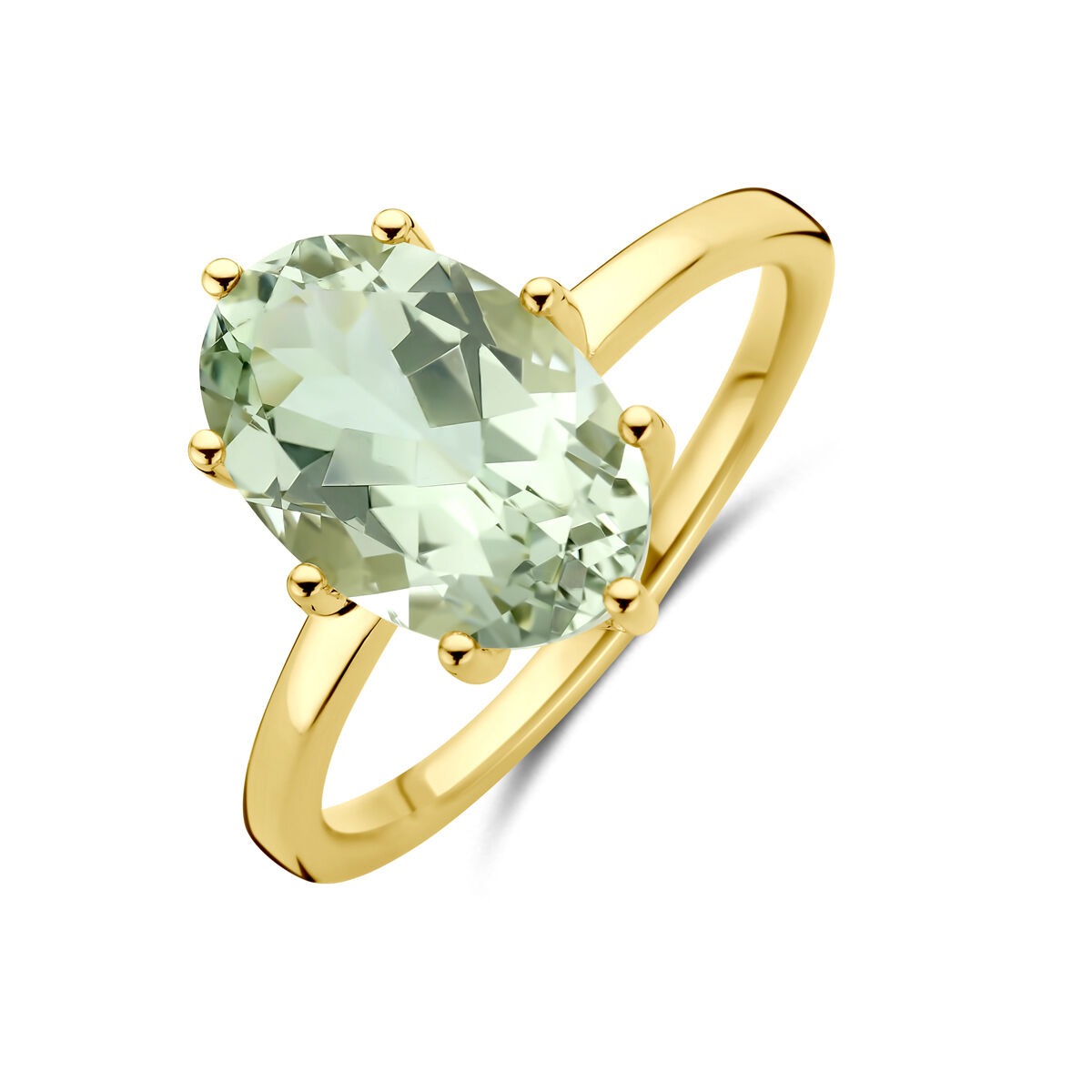 Bague en or jaune 14 carats avec améthyste verte en forme ovale.