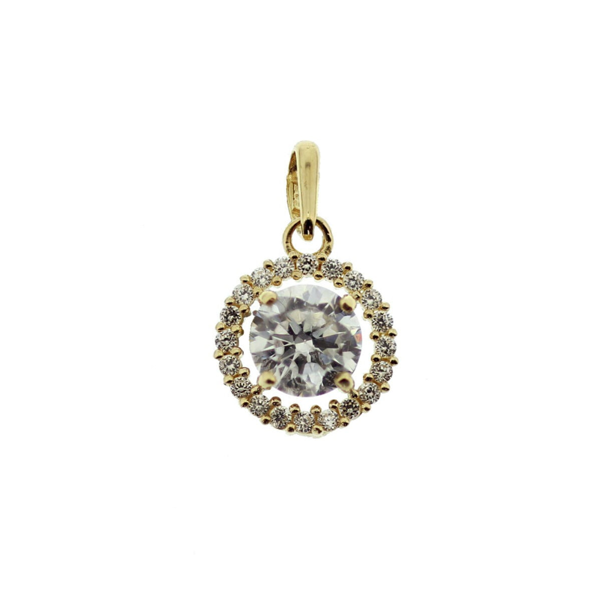 Pendentif en or jaune 9 carats avec zirconia, style entourage, forme ronde.