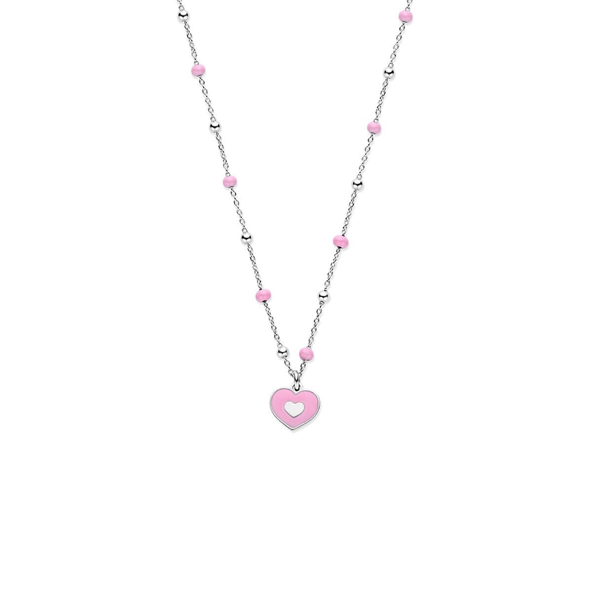 Collier argenté avec un pendentif en forme de cœur rose et des perles roses.