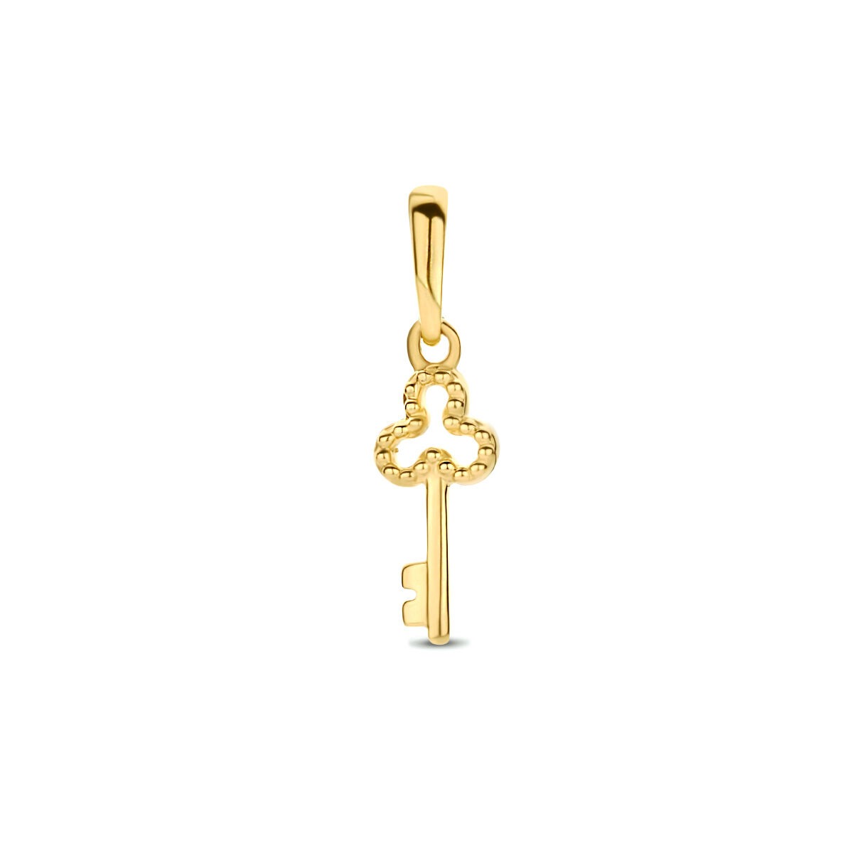 pendentif en or jaune en forme de clé avec des détails décoratifs.