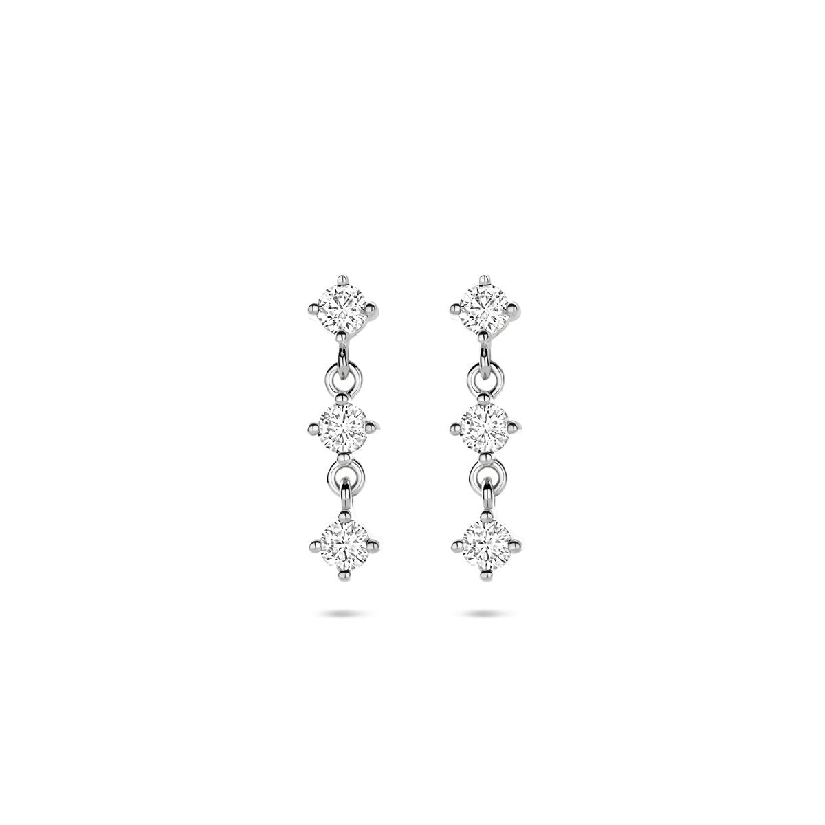 Boucles d'oreilles en argent rhodié avec zirconia, longueur de 16 mm, trois pierres brillantes.