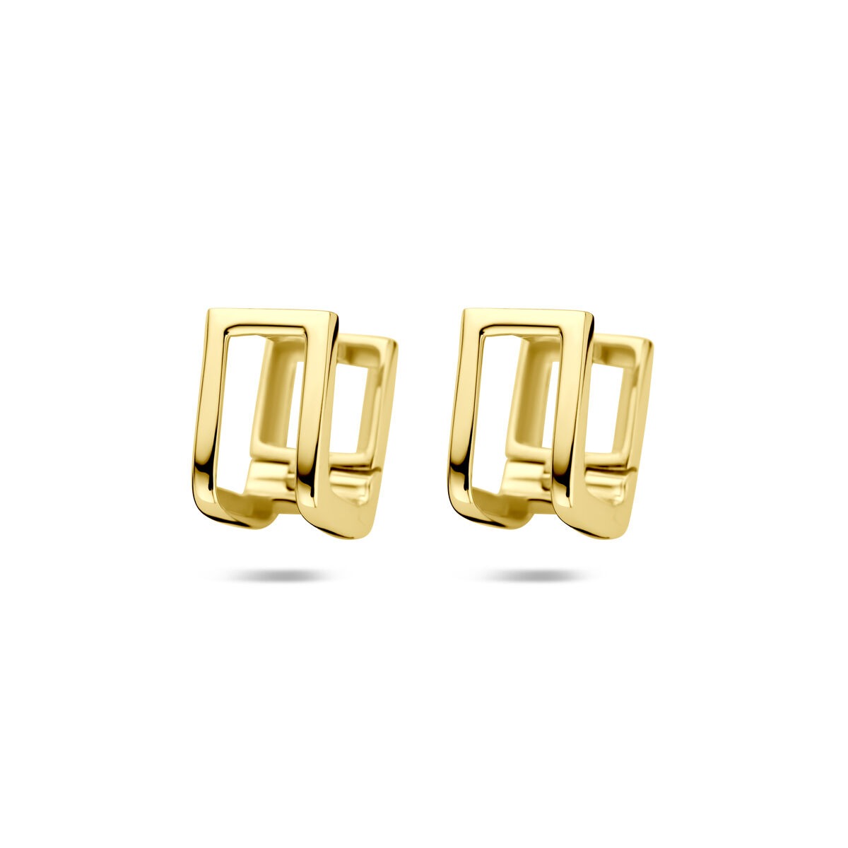Boucles d'oreilles dorées en métal, forme géométrique avec un design moderne.